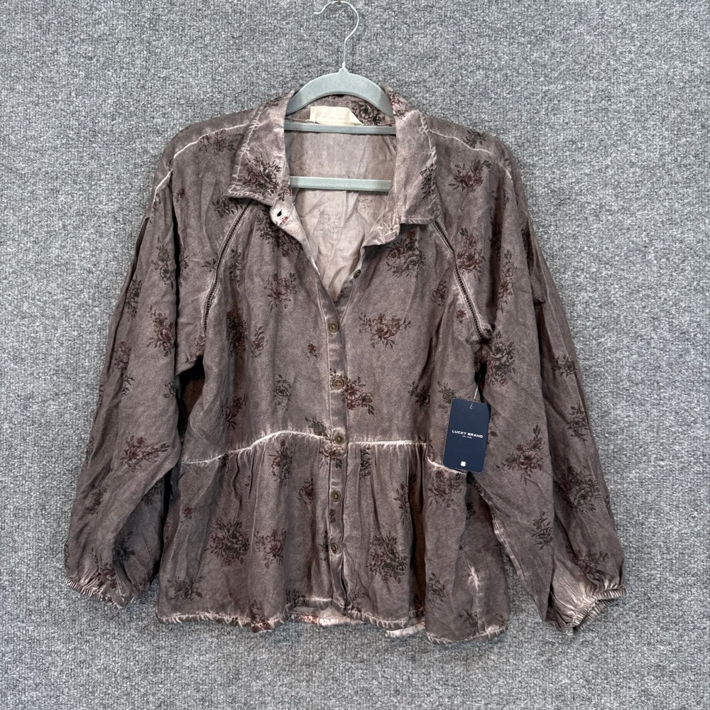 Lucky Brand Shirt Women Small Brown Floral Button Down Long Sleeve Peplum NEW